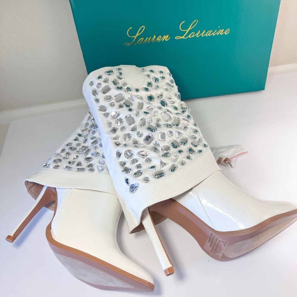 Lauren Lorraine Hana White Rhinestone Stiletto Heel Cowboy Boots 8